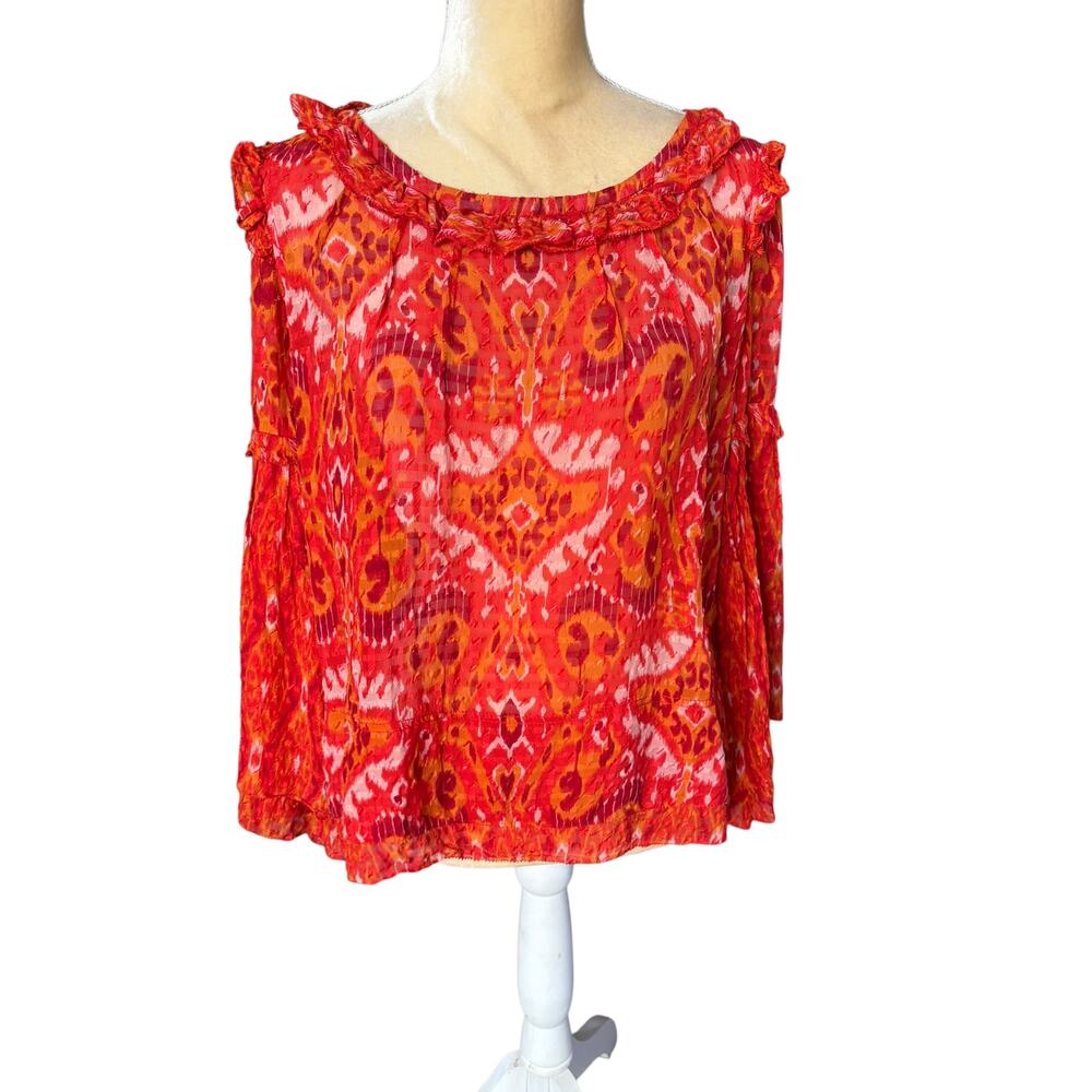 Tory Burch Orange Ikat Ruffle Blouse Top Size 12 Bergdorf Goodman Silk - Picture 11 of 15